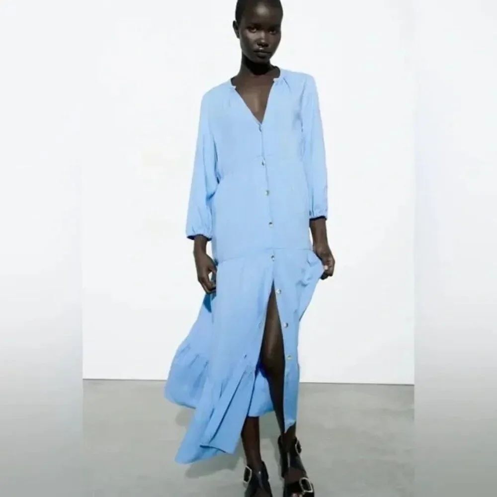 Zara Womens Tiered Midi Dress Small S Blue Button Front Puff Sleeve 2762/836 NWT